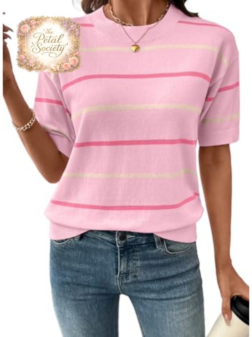 Womens Crewneck Short Sleeve Striped Sweater Pullover Knit Blouse